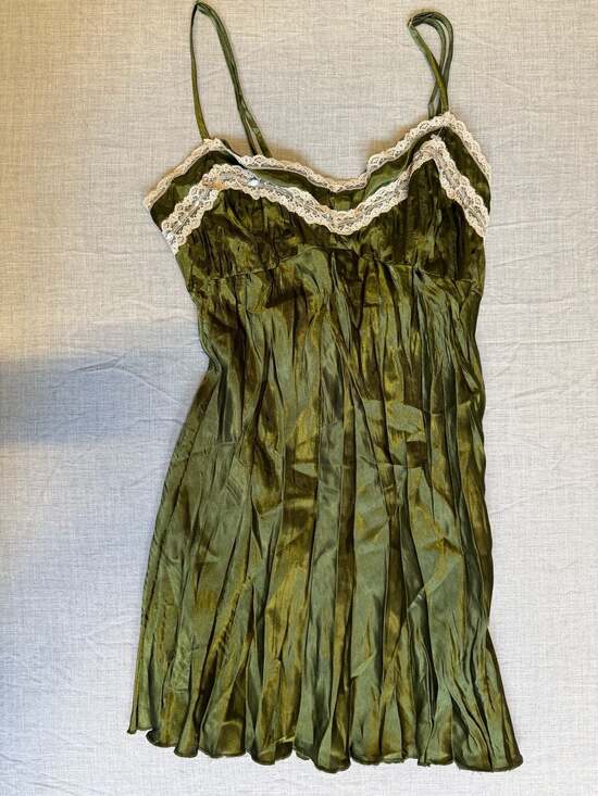 Dolled Up by FANG Tops - Vintage Y2K Dolled Up by FANG Olive Green Satin Lace Trim Babydoll Cami